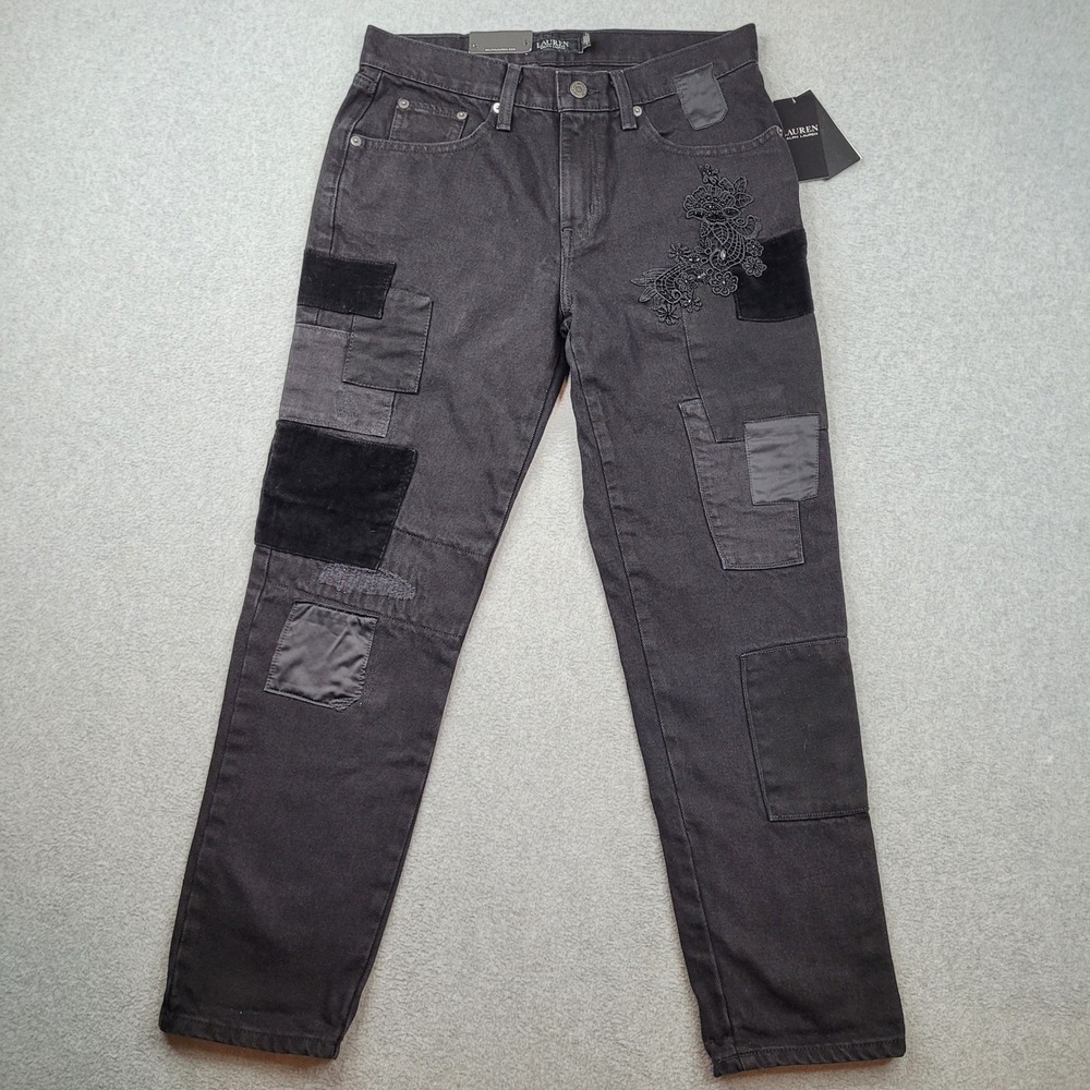 Lauren Ralph Lauren Jeans Womens 4 Black Patchwork Lace Relaxed Tapered Denim